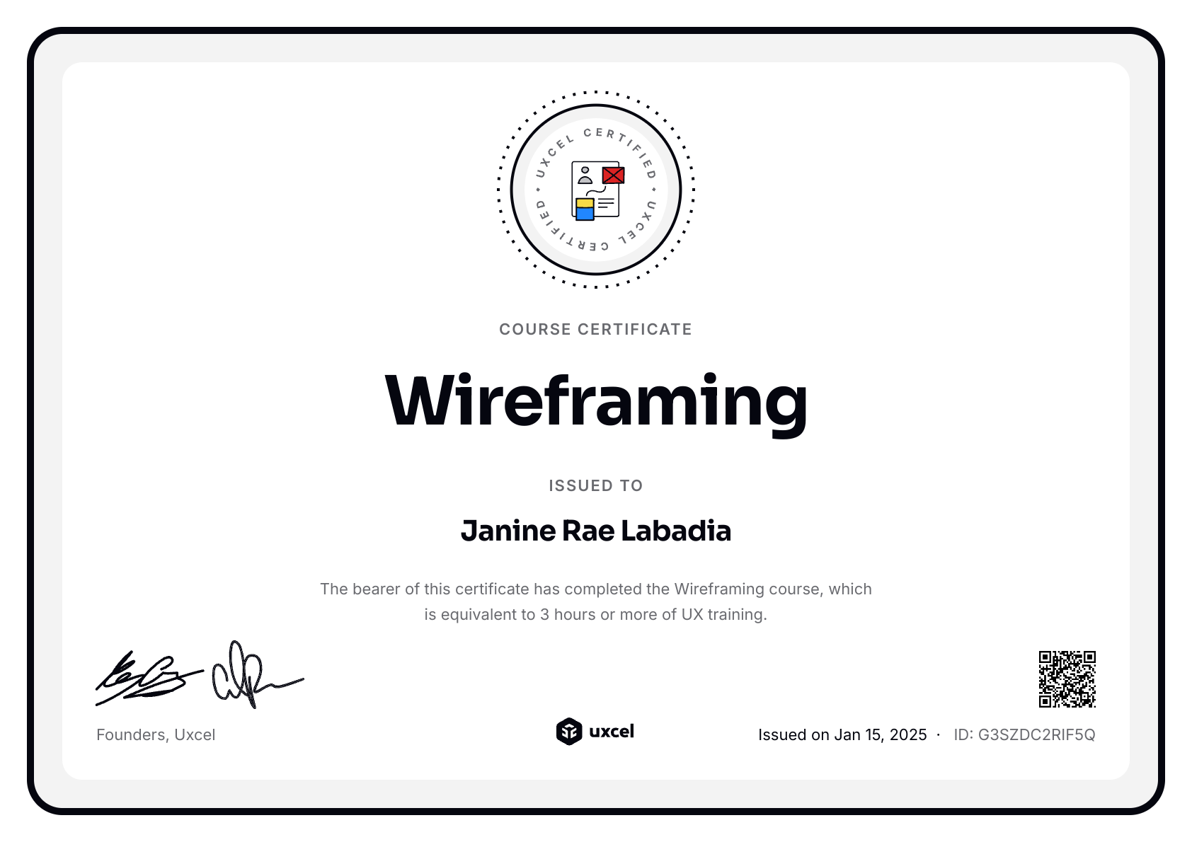 Janine Rae Labadia's certificate